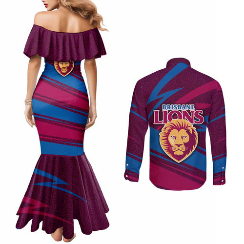 Brisbane Lions Australian Football Couples Matching Mermaid Dress and Long Sleeve Button Shirt Regal Lion Mascot With Indigenous Pattern Art