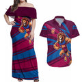 Brisbane Lions Australian Football Couples Matching Off Shoulder Maxi Dress and Hawaiian Shirt Regal Lion Mascot With Indigenous Pattern Art