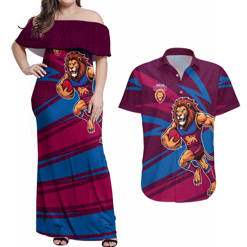 Brisbane Lions Australian Football Couples Matching Off Shoulder Maxi Dress and Hawaiian Shirt Regal Lion Mascot With Indigenous Pattern Art