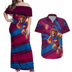Brisbane Lions Australian Football Couples Matching Off Shoulder Maxi Dress and Hawaiian Shirt Regal Lion Mascot With Indigenous Pattern Art
