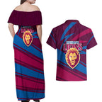 Brisbane Lions Australian Football Couples Matching Off Shoulder Maxi Dress and Hawaiian Shirt Regal Lion Mascot With Indigenous Pattern Art
