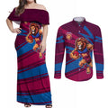 Brisbane Lions Australian Football Couples Matching Off Shoulder Maxi Dress and Long Sleeve Button Shirt Regal Lion Mascot With Indigenous Pattern Art