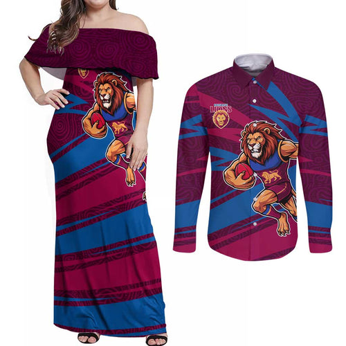 Brisbane Lions Australian Football Couples Matching Off Shoulder Maxi Dress and Long Sleeve Button Shirt Regal Lion Mascot With Indigenous Pattern Art