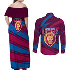 Brisbane Lions Australian Football Couples Matching Off Shoulder Maxi Dress and Long Sleeve Button Shirt Regal Lion Mascot With Indigenous Pattern Art