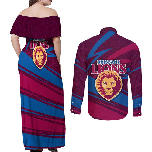 Brisbane Lions Australian Football Couples Matching Off Shoulder Maxi Dress and Long Sleeve Button Shirt Regal Lion Mascot With Indigenous Pattern Art