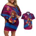 Brisbane Lions Australian Football Couples Matching Off Shoulder Short Dress and Hawaiian Shirt Regal Lion Mascot With Indigenous Pattern Art