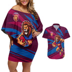 Brisbane Lions Australian Football Couples Matching Off Shoulder Short Dress and Hawaiian Shirt Regal Lion Mascot With Indigenous Pattern Art