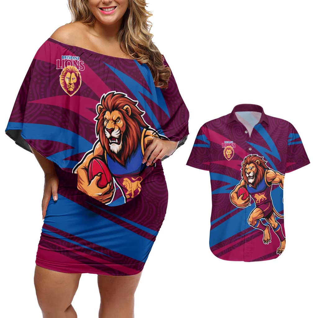 Brisbane Lions Australian Football Couples Matching Off Shoulder Short Dress and Hawaiian Shirt Regal Lion Mascot With Indigenous Pattern Art