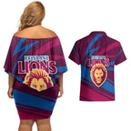 Brisbane Lions Australian Football Couples Matching Off Shoulder Short Dress and Hawaiian Shirt Regal Lion Mascot With Indigenous Pattern Art