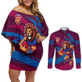 Brisbane Lions Australian Football Couples Matching Off Shoulder Short Dress and Long Sleeve Button Shirt Regal Lion Mascot With Indigenous Pattern Art