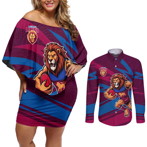 Brisbane Lions Australian Football Couples Matching Off Shoulder Short Dress and Long Sleeve Button Shirt Regal Lion Mascot With Indigenous Pattern Art