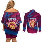 Brisbane Lions Australian Football Couples Matching Off Shoulder Short Dress and Long Sleeve Button Shirt Regal Lion Mascot With Indigenous Pattern Art