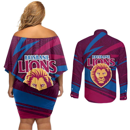 Brisbane Lions Australian Football Couples Matching Off Shoulder Short Dress and Long Sleeve Button Shirt Regal Lion Mascot With Indigenous Pattern Art