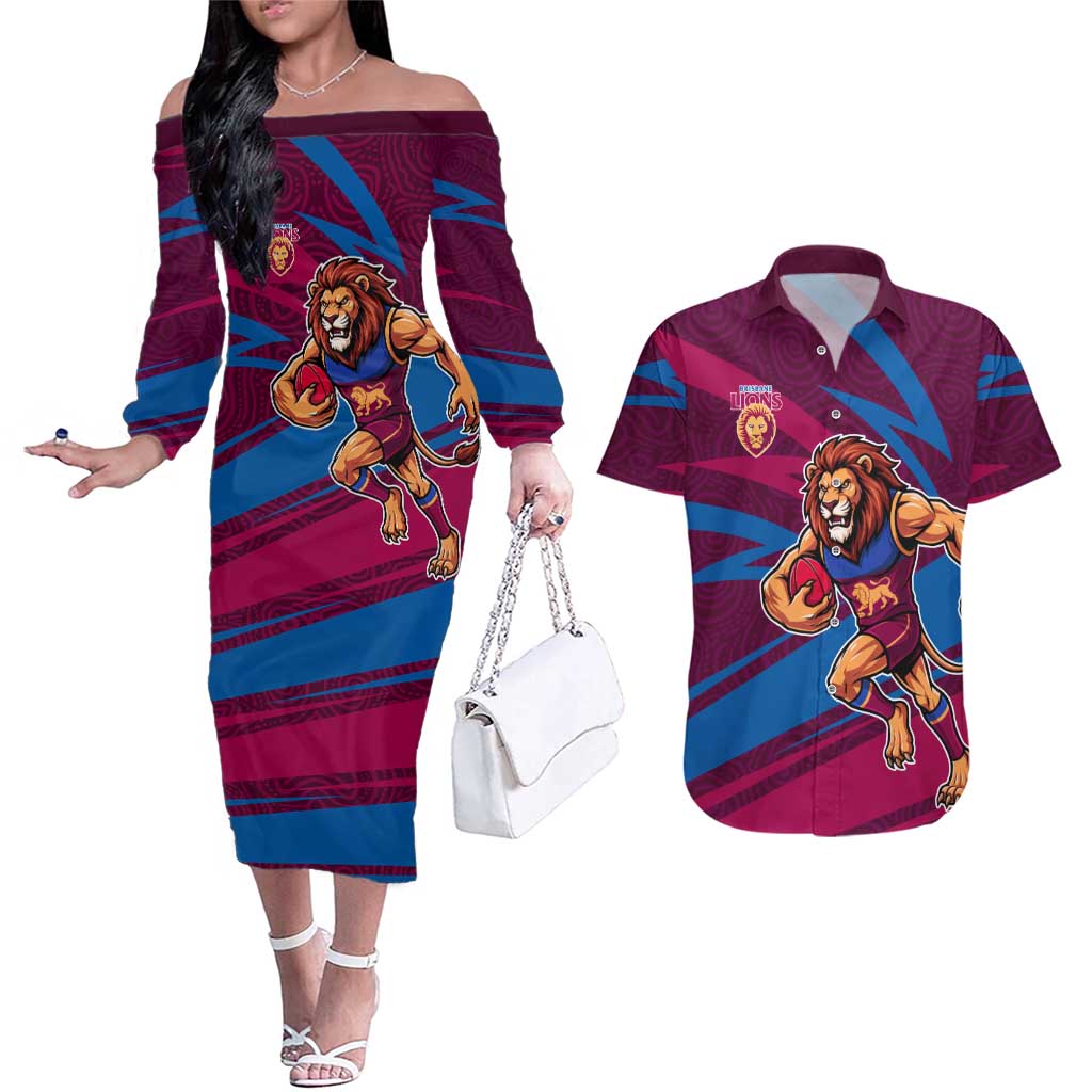 Brisbane Lions Australian Football Couples Matching Off The Shoulder Long Sleeve Dress and Hawaiian Shirt Regal Lion Mascot With Indigenous Pattern Art