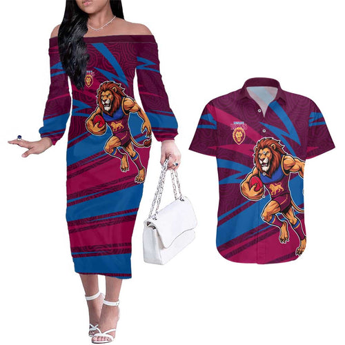 Brisbane Lions Australian Football Couples Matching Off The Shoulder Long Sleeve Dress and Hawaiian Shirt Regal Lion Mascot With Indigenous Pattern Art