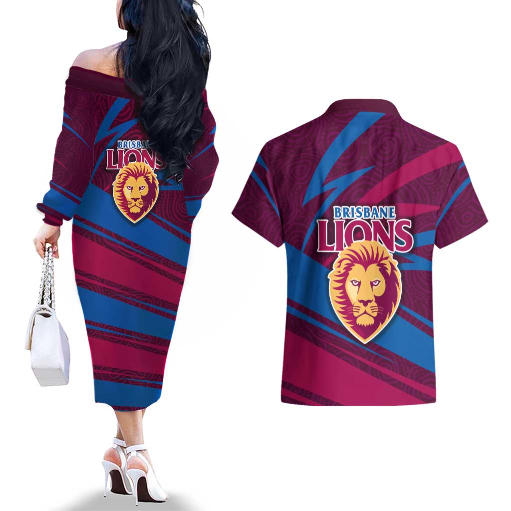 Brisbane Lions Australian Football Couples Matching Off The Shoulder Long Sleeve Dress and Hawaiian Shirt Regal Lion Mascot With Indigenous Pattern Art