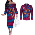 Brisbane Lions Australian Football Couples Matching Off The Shoulder Long Sleeve Dress and Long Sleeve Button Shirt Regal Lion Mascot With Indigenous Pattern Art