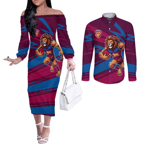 Brisbane Lions Australian Football Couples Matching Off The Shoulder Long Sleeve Dress and Long Sleeve Button Shirt Regal Lion Mascot With Indigenous Pattern Art