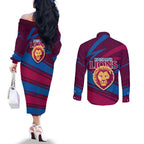 Brisbane Lions Australian Football Couples Matching Off The Shoulder Long Sleeve Dress and Long Sleeve Button Shirt Regal Lion Mascot With Indigenous Pattern Art