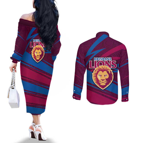 Brisbane Lions Australian Football Couples Matching Off The Shoulder Long Sleeve Dress and Long Sleeve Button Shirt Regal Lion Mascot With Indigenous Pattern Art