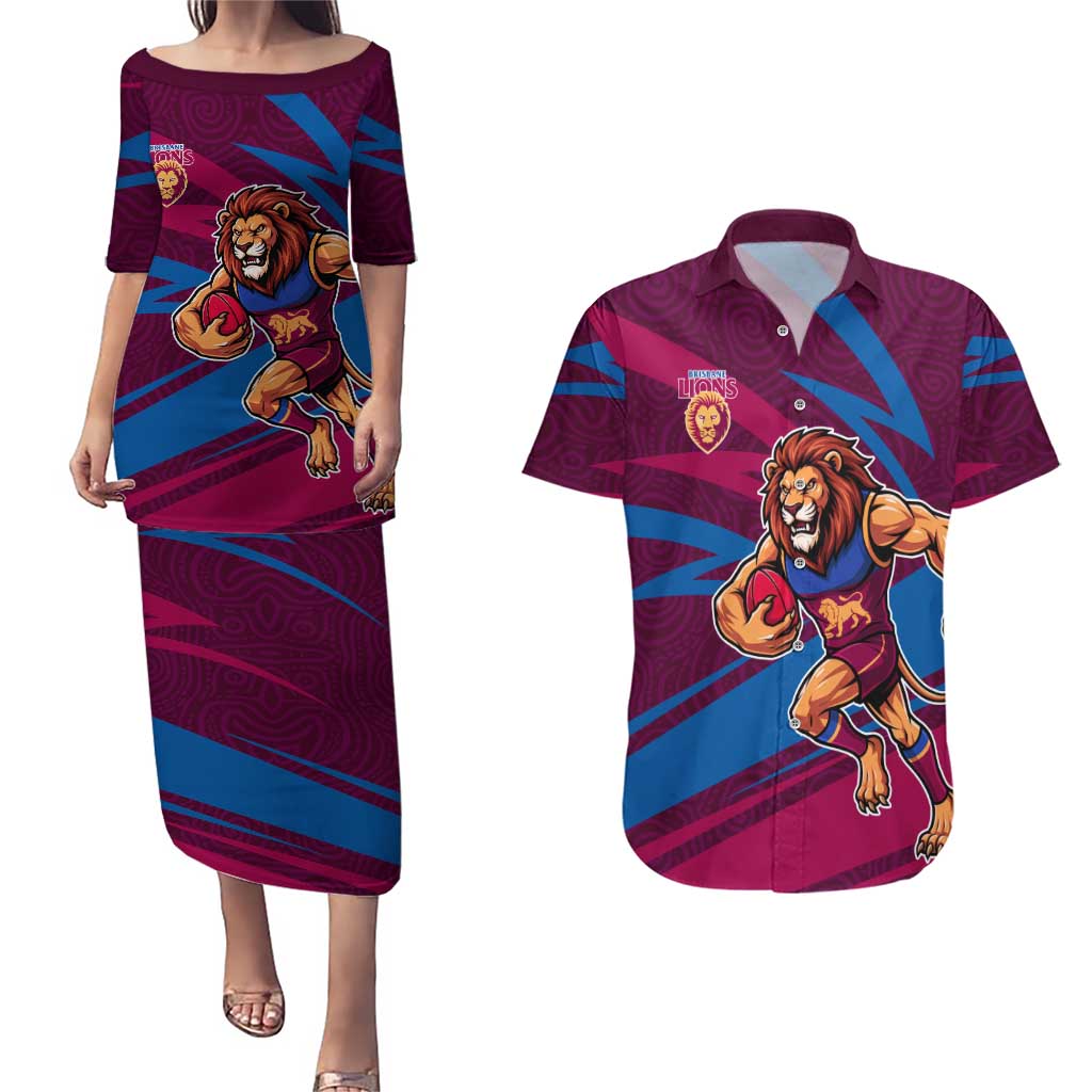 Brisbane Lions Australian Football Couples Matching Puletasi and Hawaiian Shirt Regal Lion Mascot With Indigenous Pattern Art