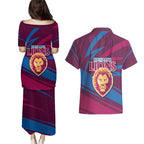 Brisbane Lions Australian Football Couples Matching Puletasi and Hawaiian Shirt Regal Lion Mascot With Indigenous Pattern Art