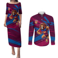 Brisbane Lions Australian Football Couples Matching Puletasi and Long Sleeve Button Shirt Regal Lion Mascot With Indigenous Pattern Art