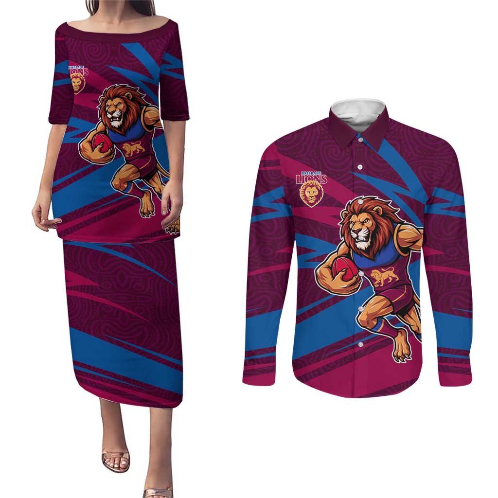 Brisbane Lions Australian Football Couples Matching Puletasi and Long Sleeve Button Shirt Regal Lion Mascot With Indigenous Pattern Art