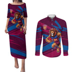 Brisbane Lions Australian Football Couples Matching Puletasi and Long Sleeve Button Shirt Regal Lion Mascot With Indigenous Pattern Art