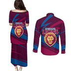 Brisbane Lions Australian Football Couples Matching Puletasi and Long Sleeve Button Shirt Regal Lion Mascot With Indigenous Pattern Art