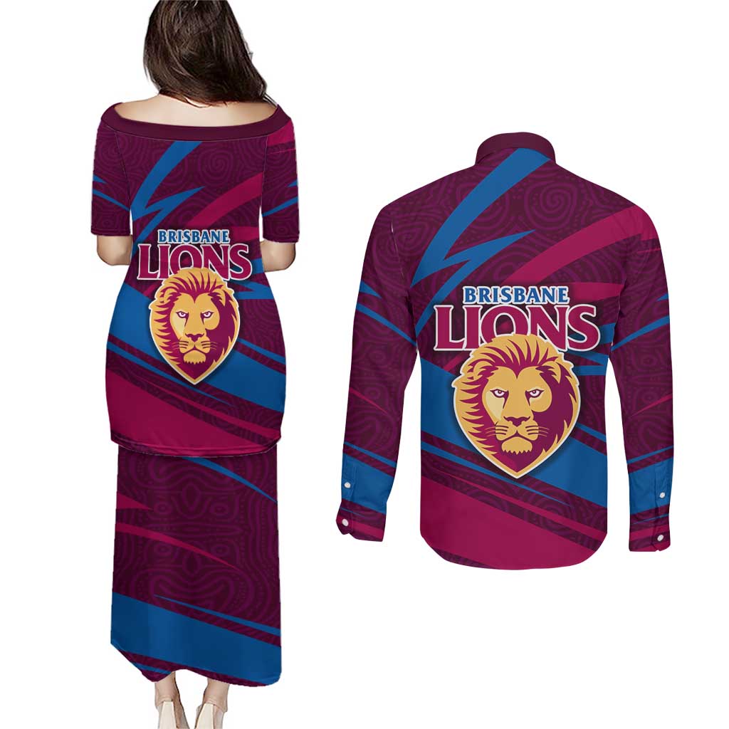 Brisbane Lions Australian Football Couples Matching Puletasi and Long Sleeve Button Shirt Regal Lion Mascot With Indigenous Pattern Art