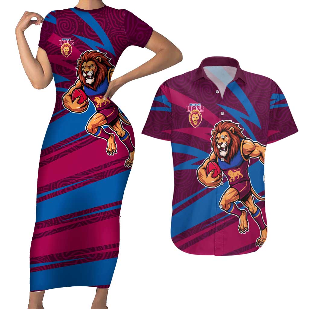 Brisbane Lions Australian Football Couples Matching Short Sleeve Bodycon Dress and Hawaiian Shirt Regal Lion Mascot With Indigenous Pattern Art