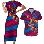 Brisbane Lions Australian Football Couples Matching Short Sleeve Bodycon Dress and Hawaiian Shirt Regal Lion Mascot With Indigenous Pattern Art
