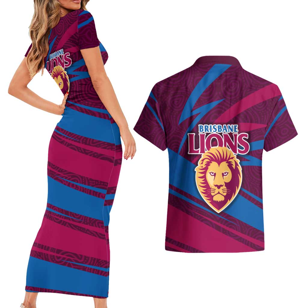 Brisbane Lions Australian Football Couples Matching Short Sleeve Bodycon Dress and Hawaiian Shirt Regal Lion Mascot With Indigenous Pattern Art