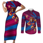 Brisbane Lions Australian Football Couples Matching Short Sleeve Bodycon Dress and Long Sleeve Button Shirt Regal Lion Mascot With Indigenous Pattern Art