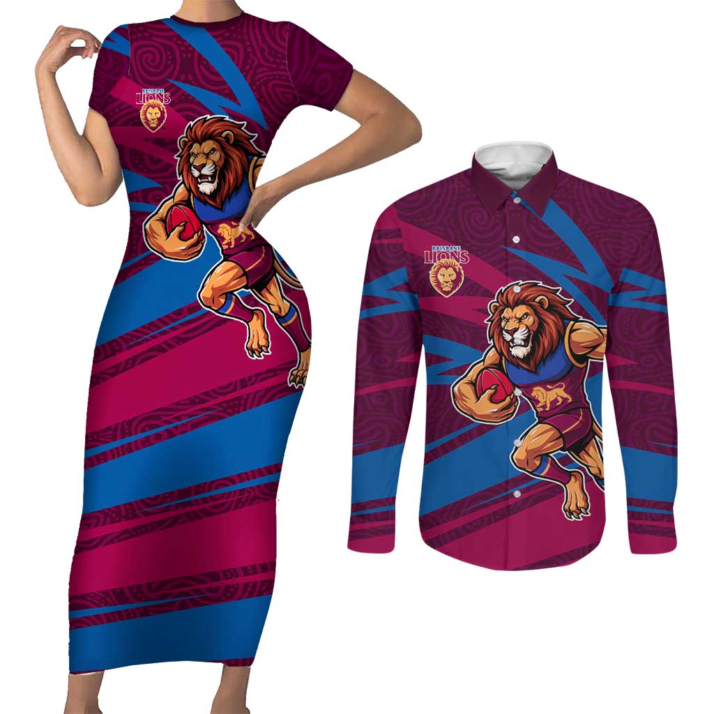 Brisbane Lions Australian Football Couples Matching Short Sleeve Bodycon Dress and Long Sleeve Button Shirt Regal Lion Mascot With Indigenous Pattern Art