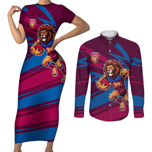 Brisbane Lions Australian Football Couples Matching Short Sleeve Bodycon Dress and Long Sleeve Button Shirt Regal Lion Mascot With Indigenous Pattern Art