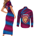 Brisbane Lions Australian Football Couples Matching Short Sleeve Bodycon Dress and Long Sleeve Button Shirt Regal Lion Mascot With Indigenous Pattern Art