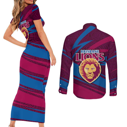 Brisbane Lions Australian Football Couples Matching Short Sleeve Bodycon Dress and Long Sleeve Button Shirt Regal Lion Mascot With Indigenous Pattern Art