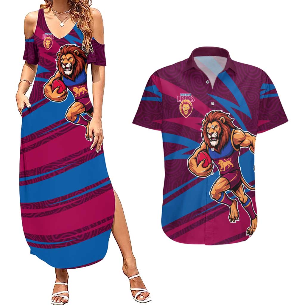 Brisbane Lions Australian Football Couples Matching Summer Maxi Dress and Hawaiian Shirt Regal Lion Mascot With Indigenous Pattern Art