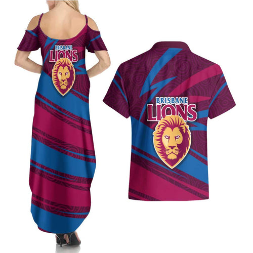 Brisbane Lions Australian Football Couples Matching Summer Maxi Dress and Hawaiian Shirt Regal Lion Mascot With Indigenous Pattern Art