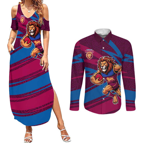 Brisbane Lions Australian Football Couples Matching Summer Maxi Dress and Long Sleeve Button Shirt Regal Lion Mascot With Indigenous Pattern Art