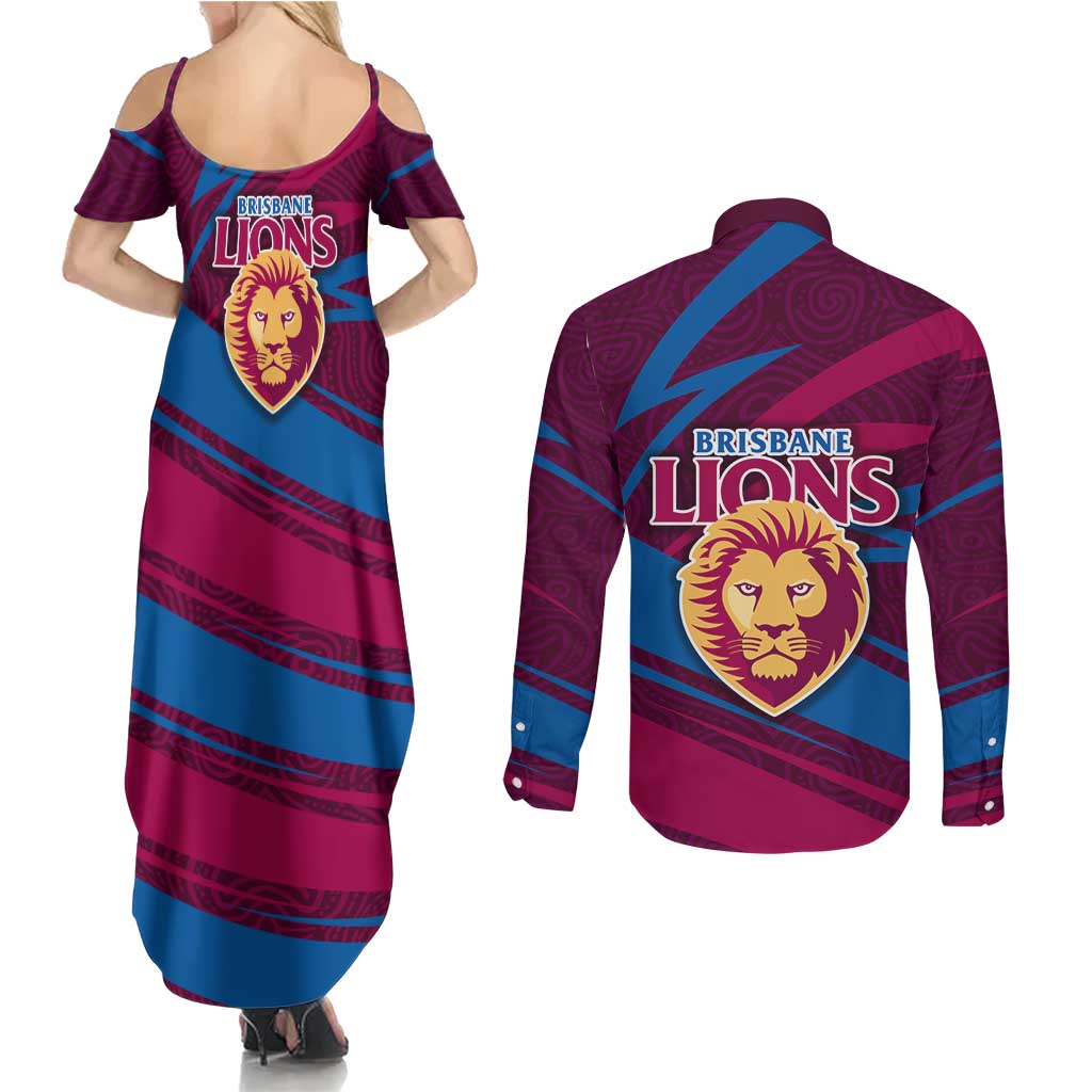 Brisbane Lions Australian Football Couples Matching Summer Maxi Dress and Long Sleeve Button Shirt Regal Lion Mascot With Indigenous Pattern Art