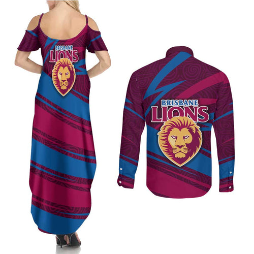 Brisbane Lions Australian Football Couples Matching Summer Maxi Dress and Long Sleeve Button Shirt Regal Lion Mascot With Indigenous Pattern Art