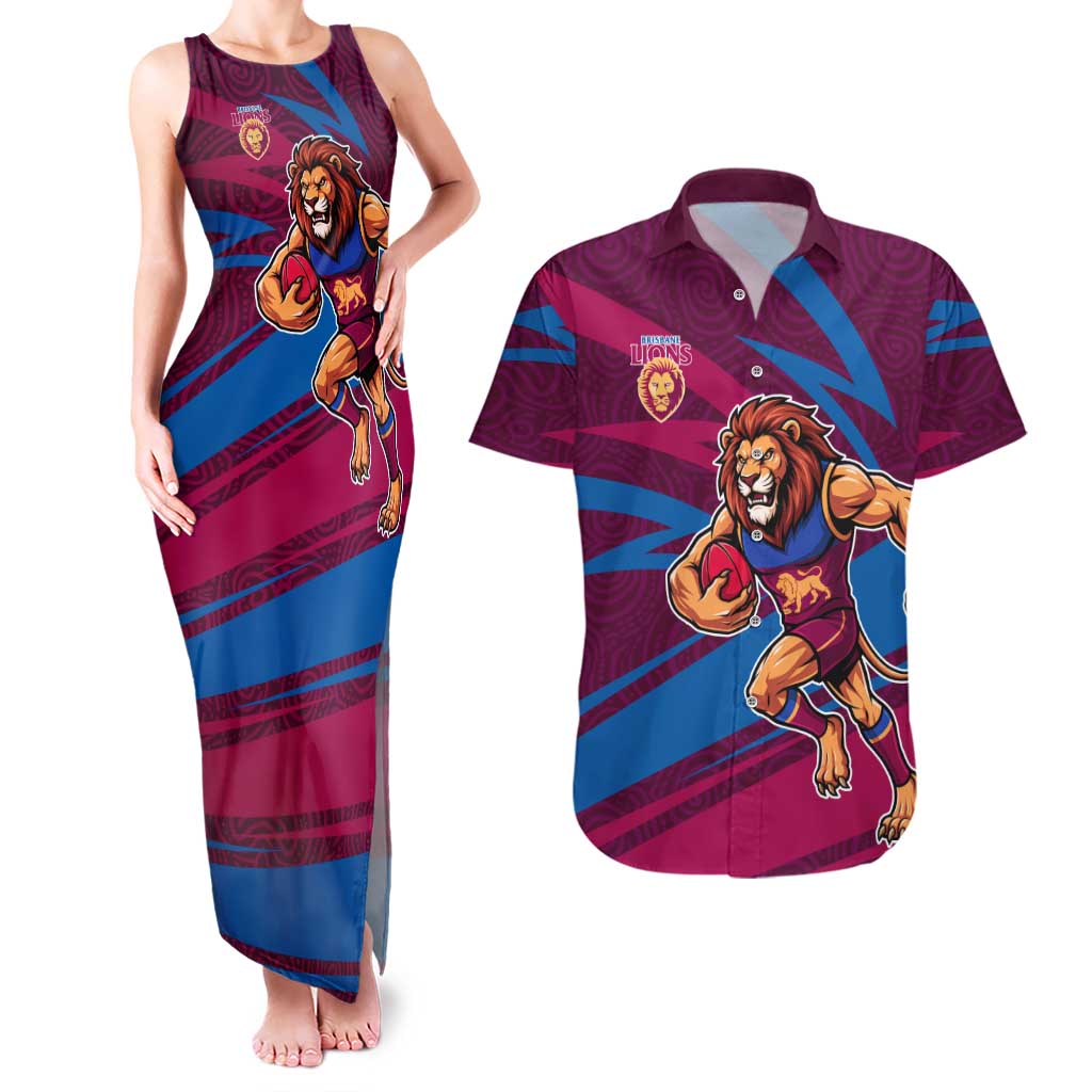 Brisbane Lions Australian Football Couples Matching Tank Maxi Dress and Hawaiian Shirt Regal Lion Mascot With Indigenous Pattern Art