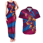Brisbane Lions Australian Football Couples Matching Tank Maxi Dress and Hawaiian Shirt Regal Lion Mascot With Indigenous Pattern Art