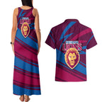 Brisbane Lions Australian Football Couples Matching Tank Maxi Dress and Hawaiian Shirt Regal Lion Mascot With Indigenous Pattern Art