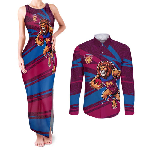 Brisbane Lions Australian Football Couples Matching Tank Maxi Dress and Long Sleeve Button Shirt Regal Lion Mascot With Indigenous Pattern Art