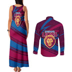Brisbane Lions Australian Football Couples Matching Tank Maxi Dress and Long Sleeve Button Shirt Regal Lion Mascot With Indigenous Pattern Art