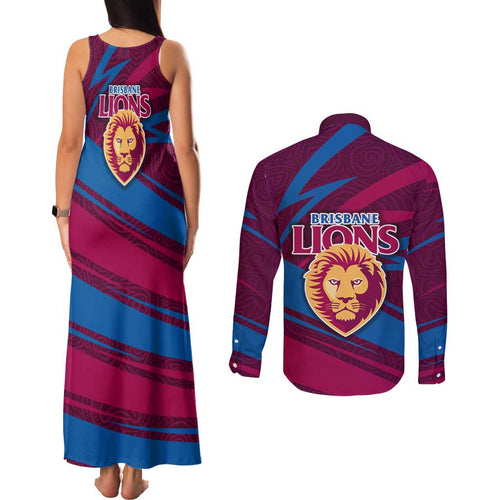 Brisbane Lions Australian Football Couples Matching Tank Maxi Dress and Long Sleeve Button Shirt Regal Lion Mascot With Indigenous Pattern Art